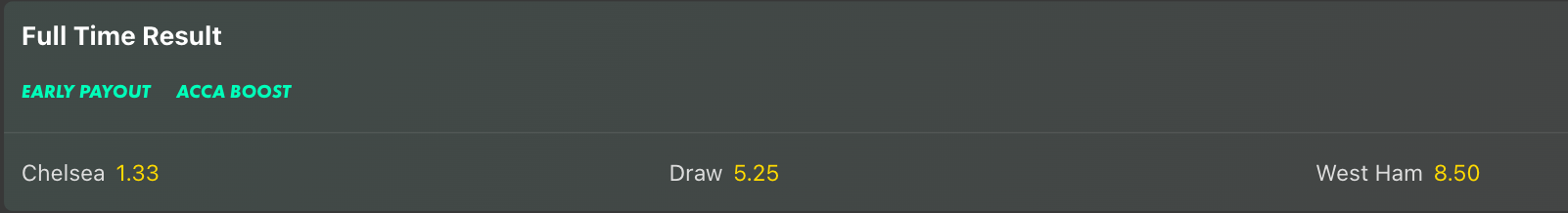 Full time result odds for a Chelsea vs West Ham match, with Chelsea at 1.33, a draw at 5.25 and West Ham at 8.5